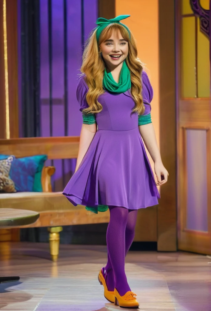 Daphne Blake played by Sabrina Carpenter with orange hair and bangs.
"Daphne is wearing a purple dress with a green scarf tied around her neck. The dress is a solid purple color with long sleeves and a slightly flared skirt that falls above her knees. She has a matching purple headband in her hair, which is styled in loose waves falling over her shoulders. Her shoes are purple flats that match her dress perfectly. Additionally, she has a pair of light purple stockings that complement her overall look."