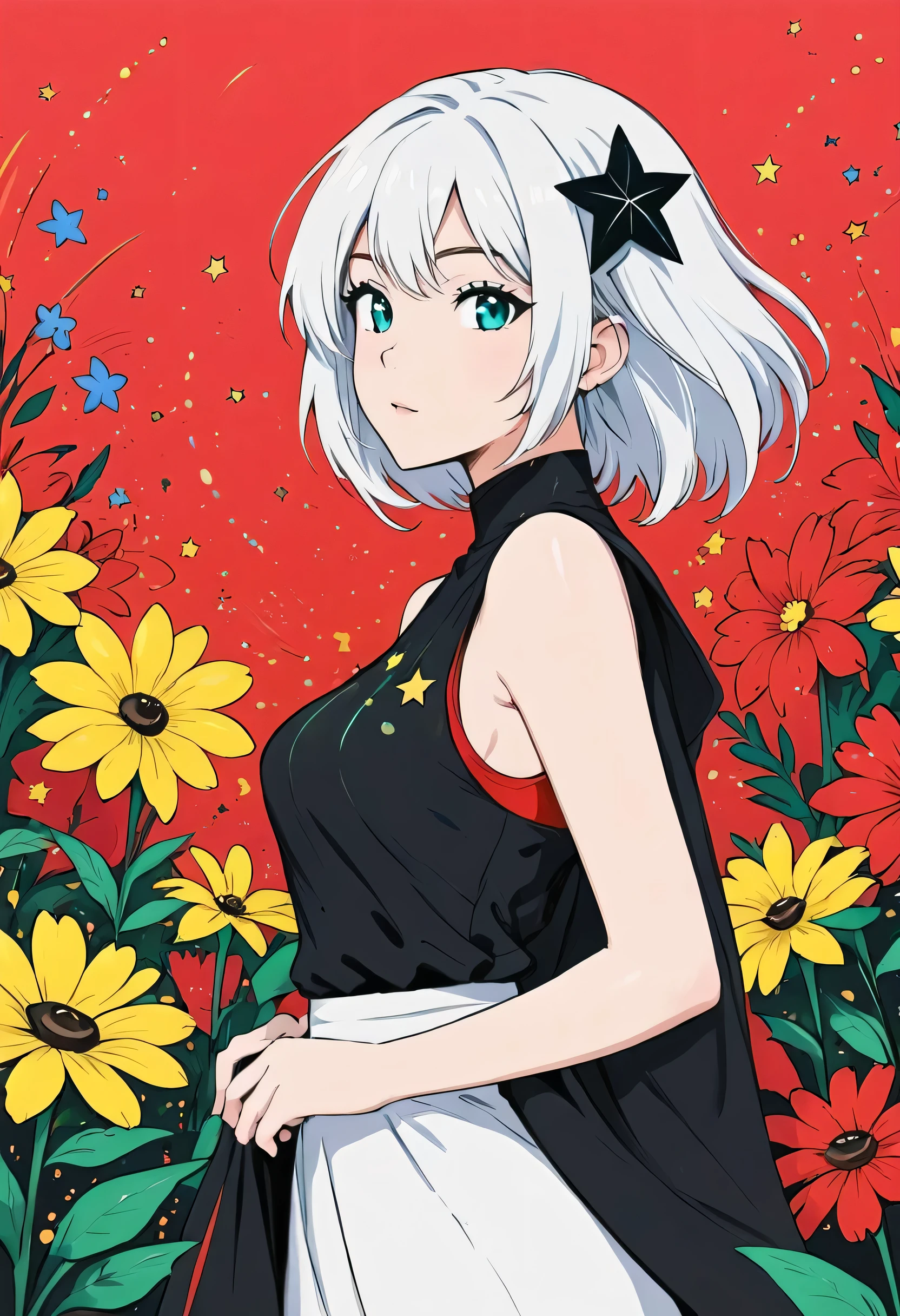 Black Star Red and White style, Simple Line Initialism,Abstract art,The most beautiful girl of all time, universe Background, colorful flowers