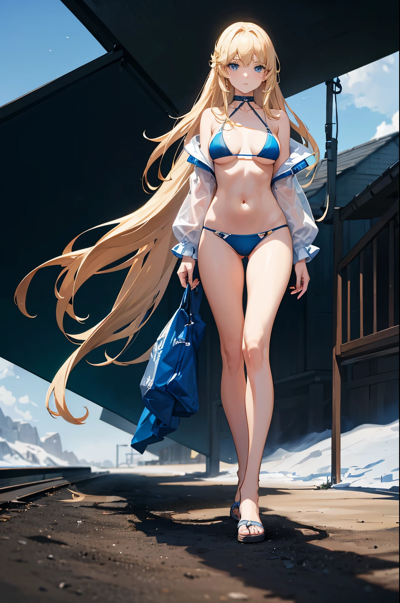 1woman, long hair, blonde hair, blue eyes, bikini, standing on ground, high res, ultra sharp, 8K, masterpiece