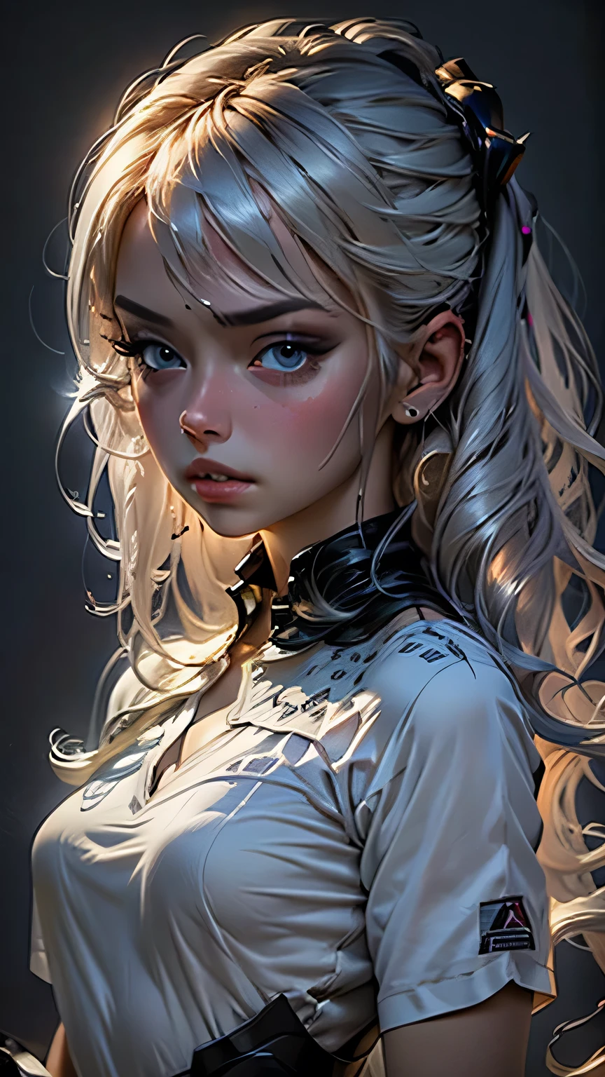 ((masterpiece)), (最high quality), (detailed), (One girl), (Internal Data Stream) Light blue gradient hair, Glowing black eyes, Straight hair, Wearing a modern white shirt and black dress, Covered in data particles, Locked around the neck､masterpiece, 最high quality, high quality, High resolution,Angry face