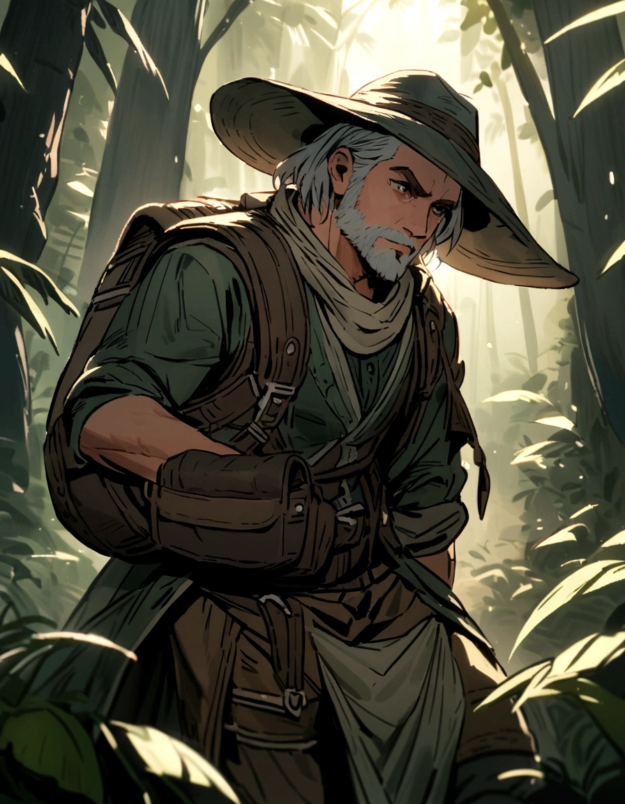 Herren. Adventurer beetle,Wearing an explorer's hat,Carry a bag,Behind him was a dense jungle