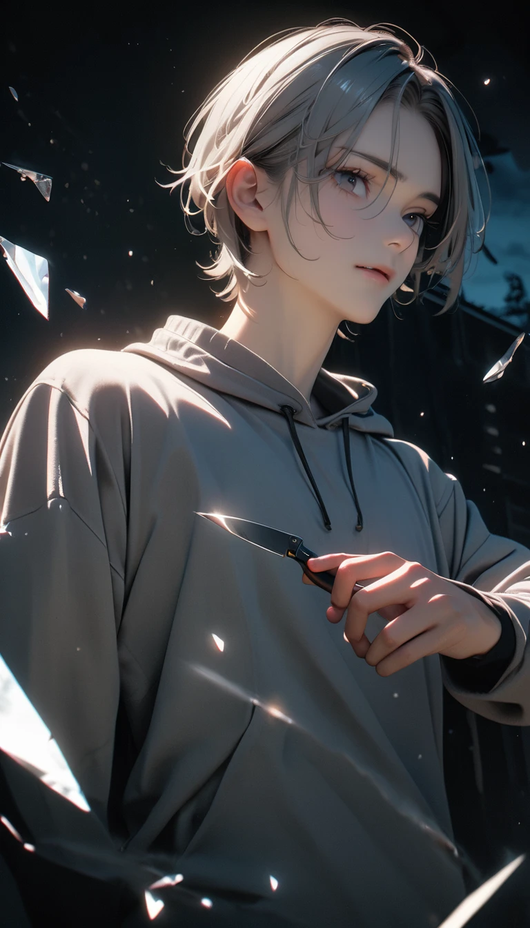 (8K, RAW photos, best quality, masterpiece: 1.4), (((The boy stands in absolute darkness))),Ultra-high resolution, Extremely detailed,Upper body close-up, handsome boy, black eyes, (delicate eyes, Eyes are bright:1.2), Gray short hair, Fair skin,dark, Grey sweatshirt, sweatshirt with hood,(perfect anatomy:1.2), High-quality shadows, Natural Lighting, (White highlights:1.2), night, cloudy day, (Broken glass flying:1.2), (Boning knife in hand:1.2)