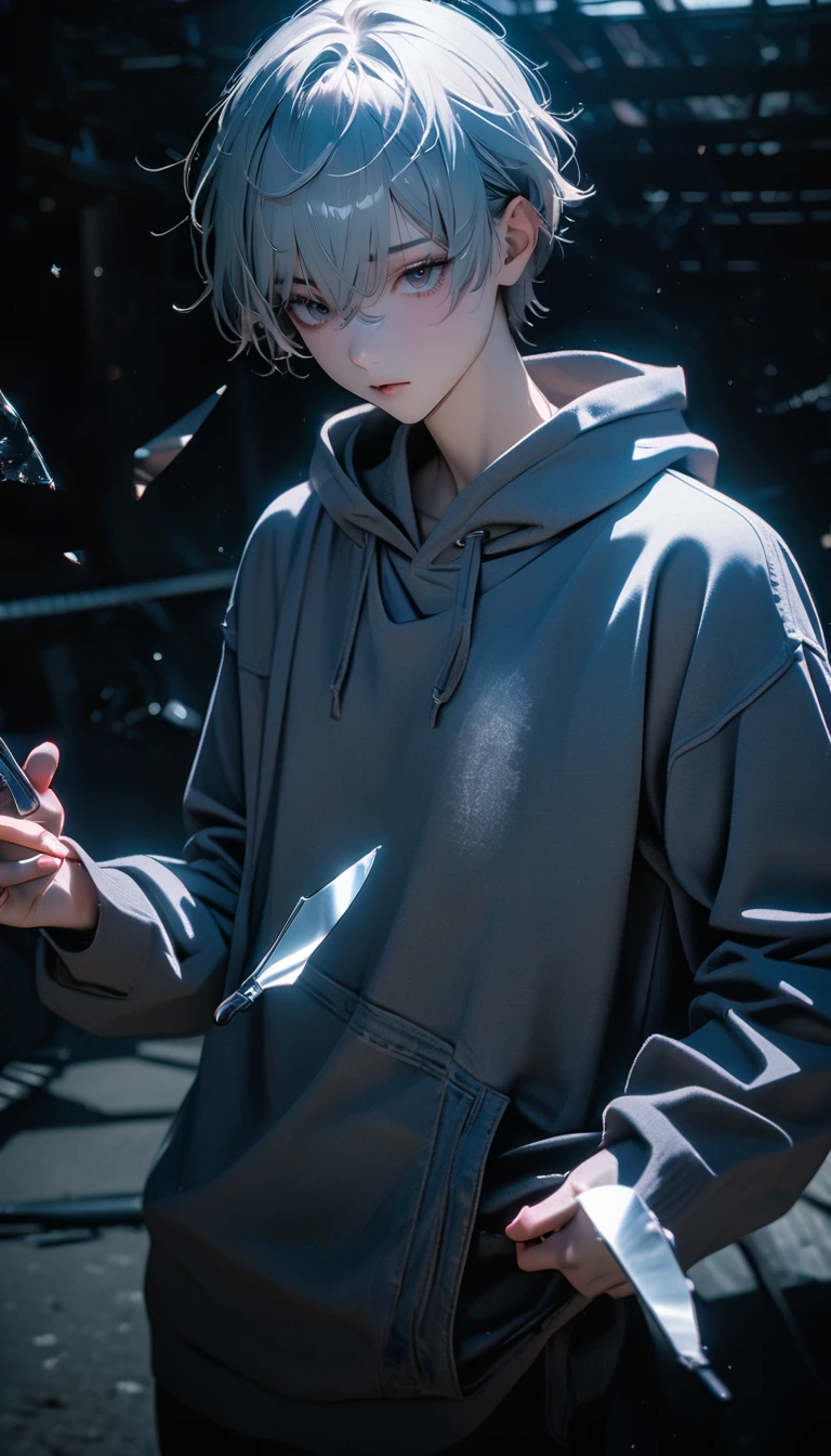 (8K, RAW photos, best quality, masterpiece: 1.4), (((The boy stands in absolute darkness))),Ultra-high resolution, Extremely detailed,Upper body close-up, handsome boy, black eyes, (delicate eyes, Eyes are bright:1.2), Gray short hair, Fair skin,dark, Grey sweatshirt, sweatshirt with hood,(perfect anatomy:1.2), High-quality shadows, Natural Lighting, (White highlights:1.2), night, cloudy day, (Broken glass flying:1.2), (Boning knife in hand:1.2)