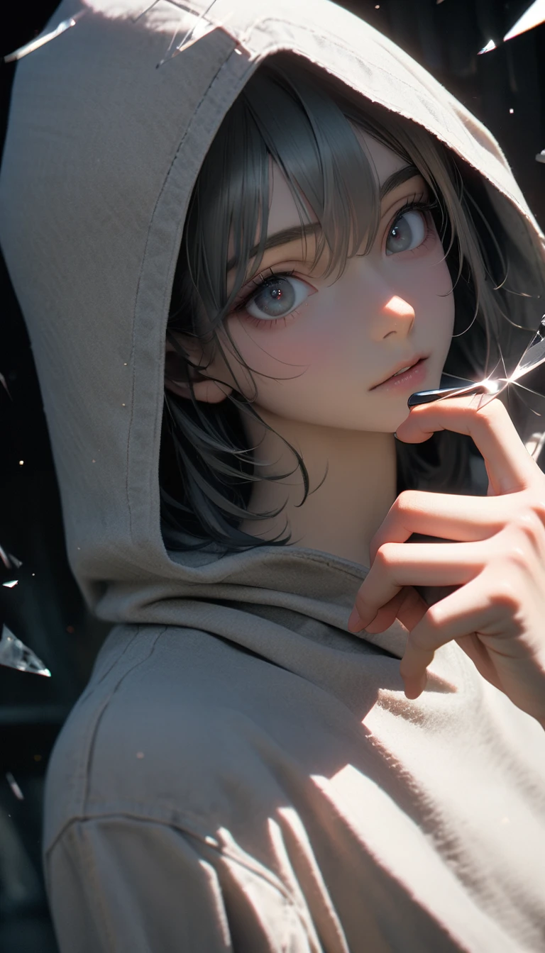 (8K, RAW photos, best quality, masterpiece: 1.4), (((The boy stands in absolute darkness))),Ultra-high resolution, Extremely detailed,Upper body close-up, handsome boy, black eyes, (delicate eyes, Eyes are bright:1.2), Gray short hair, Fair skin,dark, Grey sweatshirt, sweatshirt with hood,(perfect anatomy:1.2), High-quality shadows, Natural Lighting, (White highlights:1.2), night, cloudy day, (Broken glass flying:1.2), (Boning knife in hand:1.2)