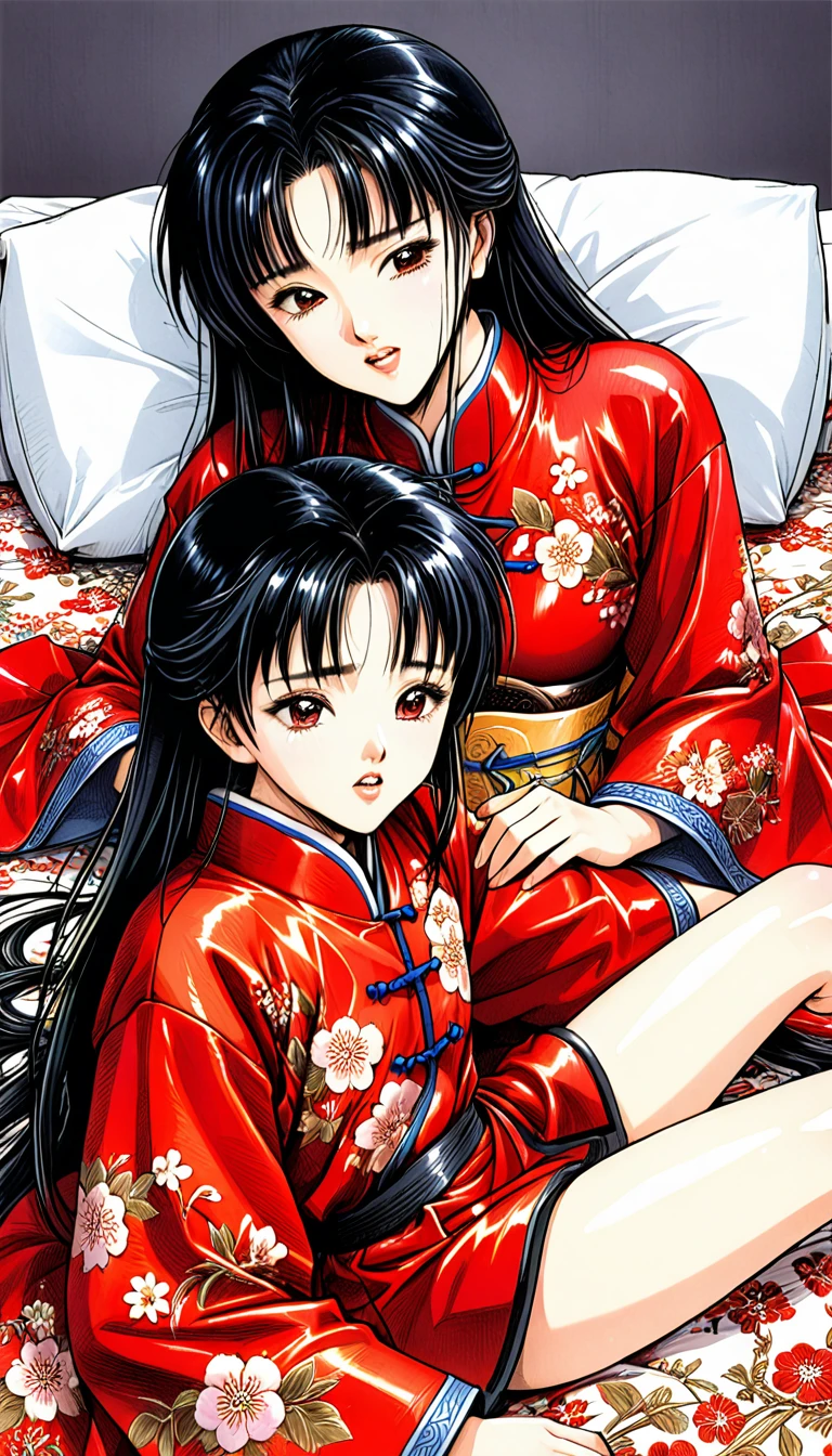 8k Tragic historical drama in live-action style: Beautiful palace secrets　A beautiful 10-year-old Chinese kung fu girl with long black hair is sleeping soundly　Gorgeous embroidery, Ultra glossy, She is wearing a shiny red long-sleeved floral kung fu suit....　　She cries loudly and is made to lie on a floral futon and has a penis inserted into her　She spreads her legs wide