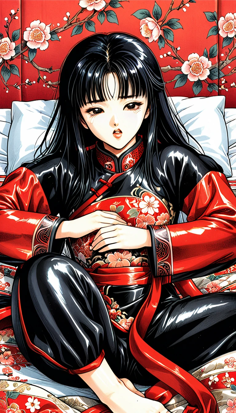 8k Tragic historical drama in the style of a comic book: The secrets of the beautiful palace　Beautiful Chinese  kung fu girl with long black hair gets fucked by demon king　Gorgeous embroidery, Ultra glossy, She is wearing a shiny red long-sleeved floral kung fu suit....　　She cries loudly and is made to lie on a floral futon and has a penis inserted into her　She spreads her legs wide