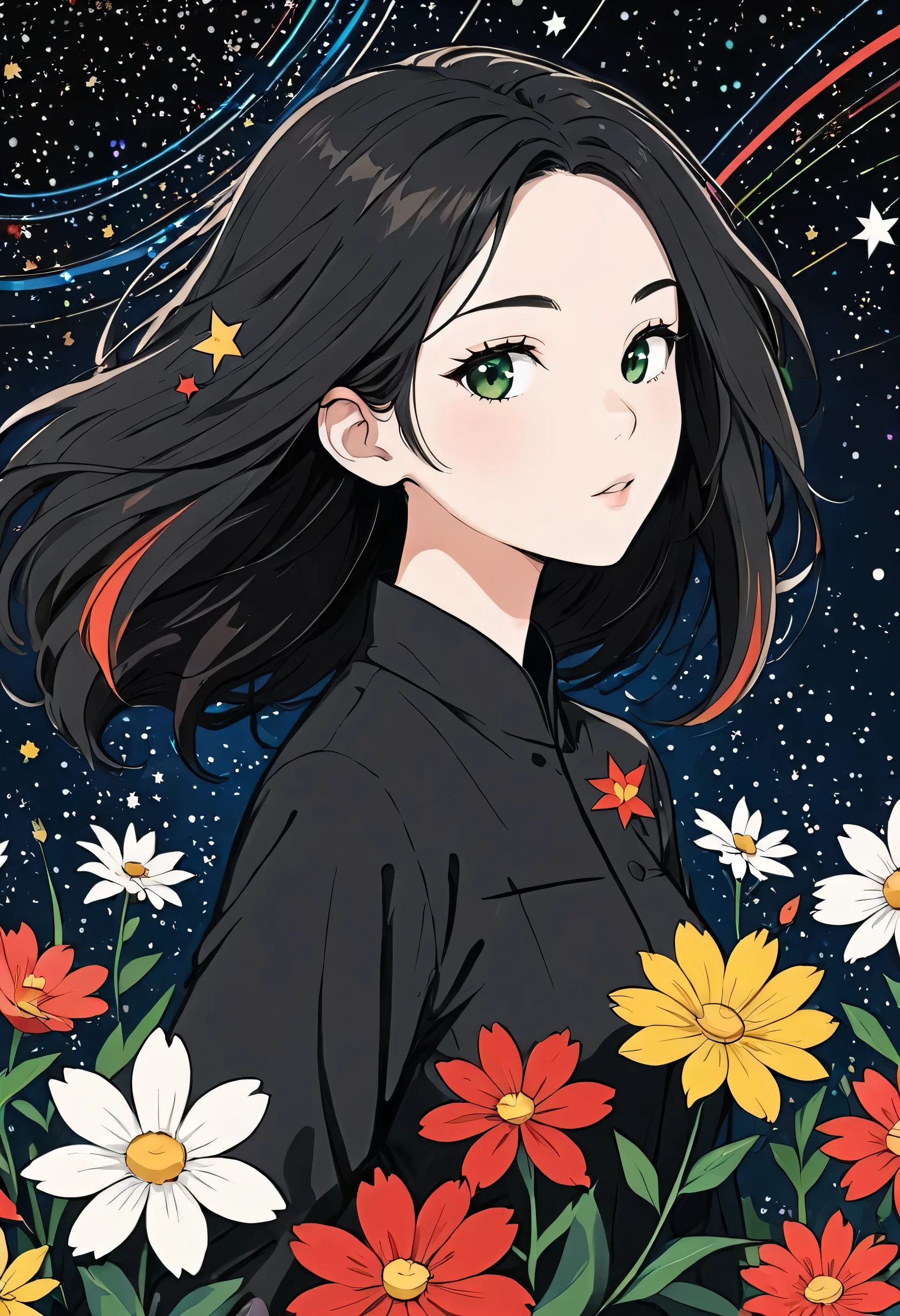 Black Star Red and White style, Simple Line Initialism，Abstract art，The most beautiful girl of all time, universe Background, colorful flowers