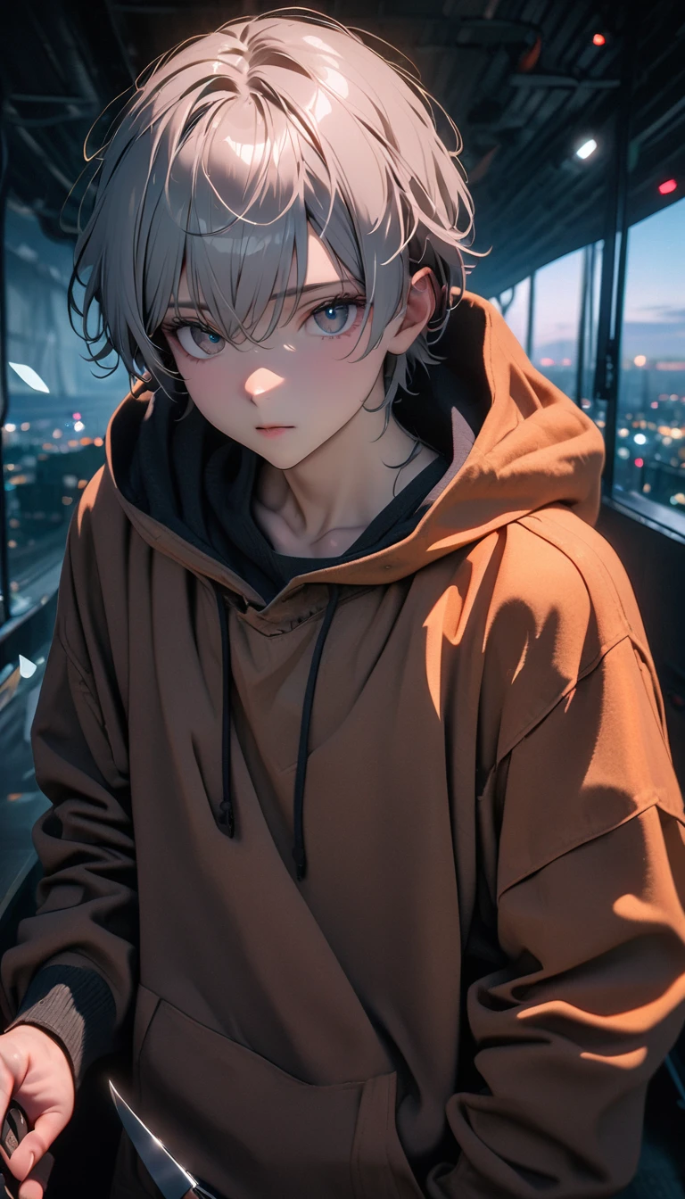 (8K, RAW photos, best quality, masterpiece: 1.4), (((The boy stands in absolute darkness)))，Ultra-high resolution, Extremely detailed,Upper body close-up, handsome boy, black eyes, (delicate eyes, Eyes are bright:1.2), Gray short hair, Fair skin,dark, Grey sweatshirt, sweatshirt with hood,(perfect anatomy:1.2), High-quality shadows, Natural Lighting, (White highlights:1.2), night, cloudy day, (Broken glass flying:1.2), (Boning knife in hand:1.2)
