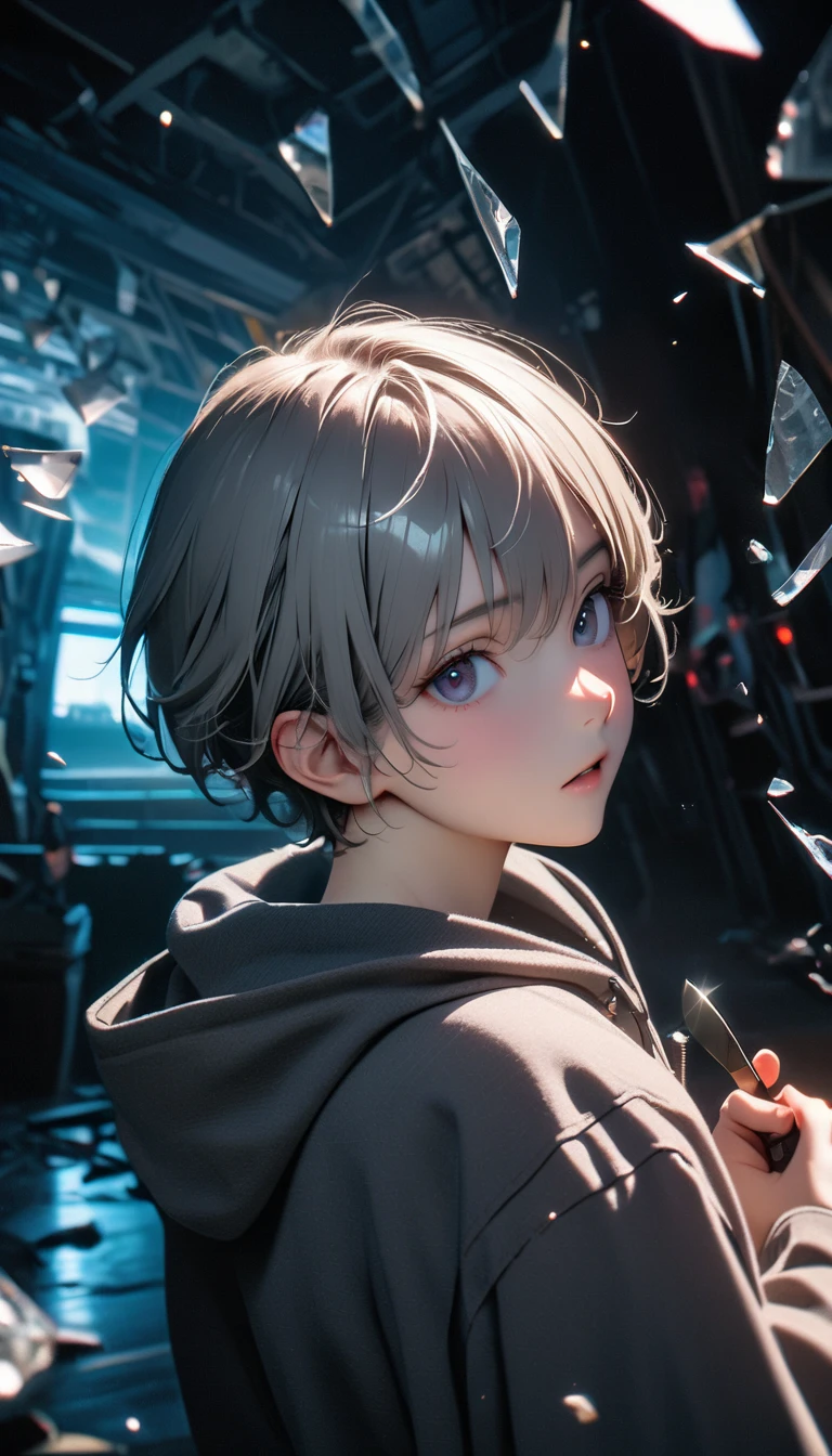 (8K, RAW photos, best quality, masterpiece: 1.4), (((The boy stands in absolute darkness)))，Ultra-high resolution, Extremely detailed,Upper body close-up, handsome boy, black eyes, (delicate eyes, Eyes are bright:1.2), Gray short hair, Fair skin,dark, Grey sweatshirt, sweatshirt with hood,(perfect anatomy:1.2), High-quality shadows, Natural Lighting, (White highlights:1.2), night, cloudy day, (Broken glass flying:1.2), (Boning knife in hand:1.2)