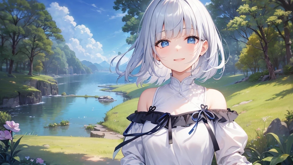 Ultra HD,Look at the viewers, Put your hands behind your back, With a girl, 20-year-old, 非常にShort Hair, Long bangs between the eyes, Pale blue eyes, hoodie, skirt , Very detailed,(masterpiece、Highest quality),Gray Hair、Laughter、Fantastic, Silver Hair, Iris,  Short hair、 Fluttering Hair、Small Face、明るいsmile、(Detailed face) ,Professional Lighting,Wonderful landscape,blue sky, sunlight,Looking down from above,Portraiture、Open your mouth、Flower Field、Her eyes were shining、Mysterious and enchanting atmosphere。With AI Painting、とてもShort Hair, Long bangs between the eyes, Very detailed,(masterpiece、Highest quality)、alone、Gray Hair、Fantasy, Silver Hair, Fantasyな風景、White shirt、smile、Open your mouth、short hair、Short Hair、hairpin、black eye、Grey Eyes、Beautiful Eyes、