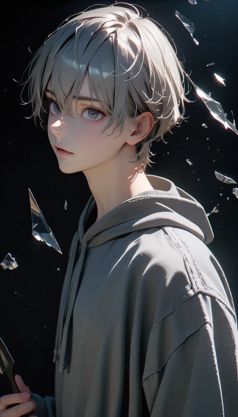 (8K, RAW photos, best quality, masterpiece: 1.4), (((The boy stands in absolute darkness))),Ultra-high resolution, Extremely detailed,Upper body close-up, handsome boy, black eyes, (delicate eyes, Eyes are bright:1.2), Gray short hair, Fair skin,dark, Grey sweatshirt, sweatshirt with hood,(perfect anatomy:1.2), High-quality shadows, Natural Lighting, (White highlights:1.2), night, cloudy day, (Broken glass flying:1.2), (Boning knife in hand:1.2)