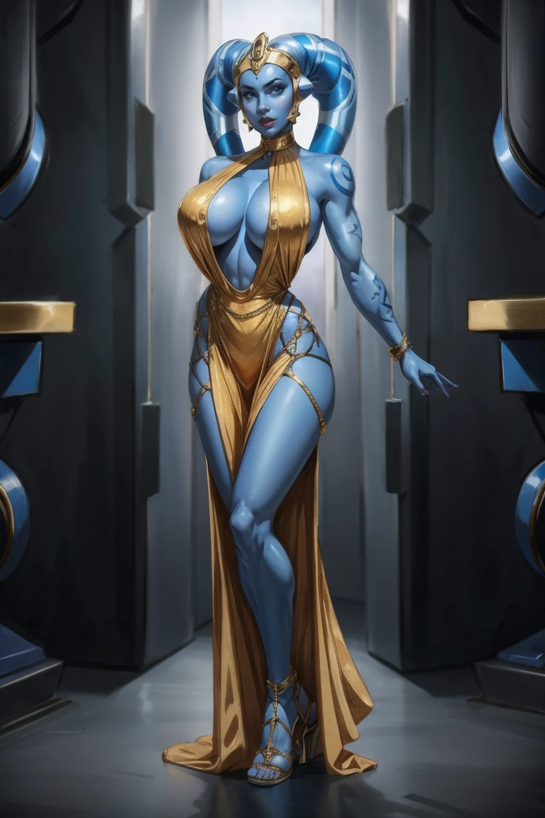 Tall Blue Skin Twi'lek with (huge breasts) wearing a tight short gold cocktail dress, short dress, halter top, sleeveless, (keyhole cleavage), tattoos, large natural breasts, cleavage, (tall, long legs), toned, slim hips, small waist, full-body shot