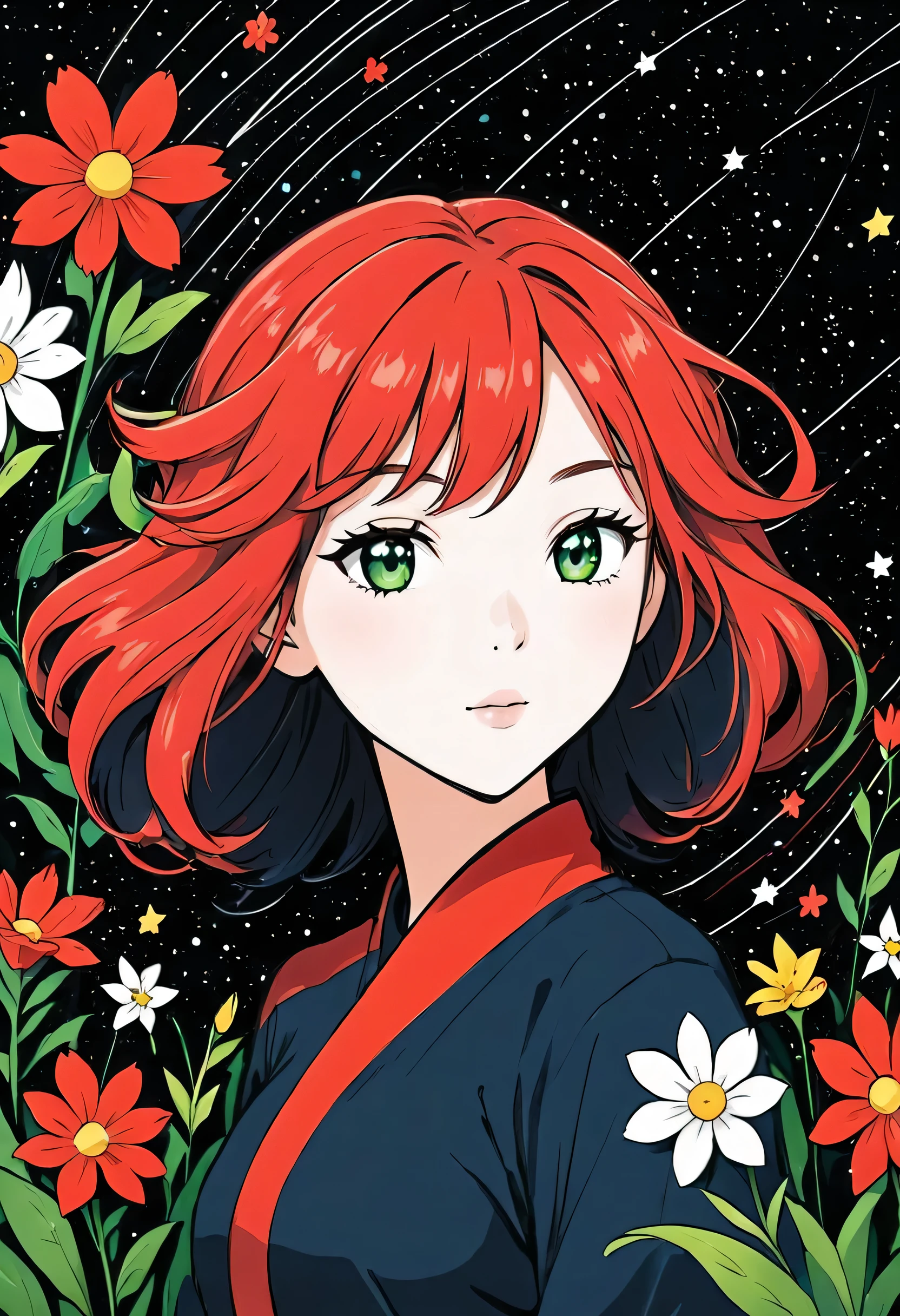 Black Star Red and White style, Simple Line Initialism,Abstract art,The most beautiful girl of all time, universe Background, colorful flowers