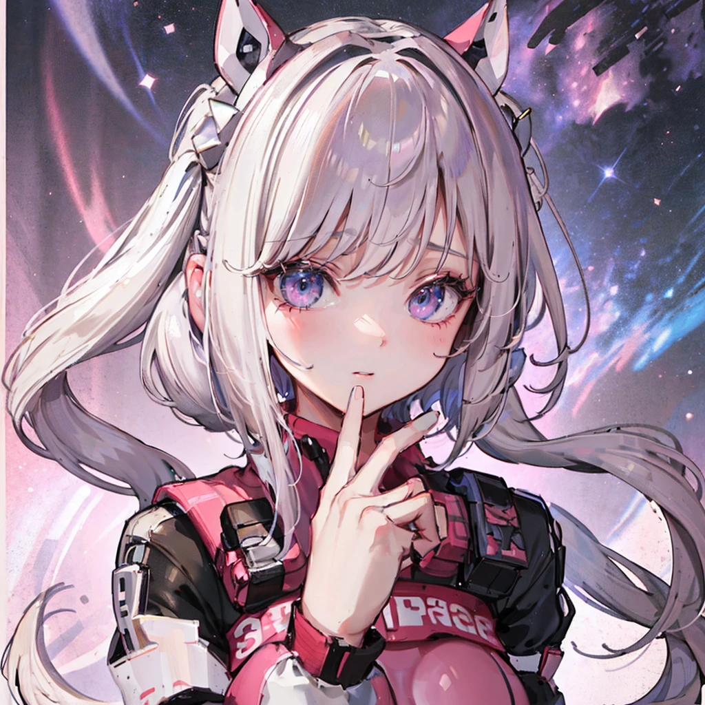 4k, masterpiece, ultra HD, Alice, perfect Anatomy, perfect hands, Galaxy on eyes, silver hair, smug, looking to viewer, embarrased, Full body suit, perfect body, face focus