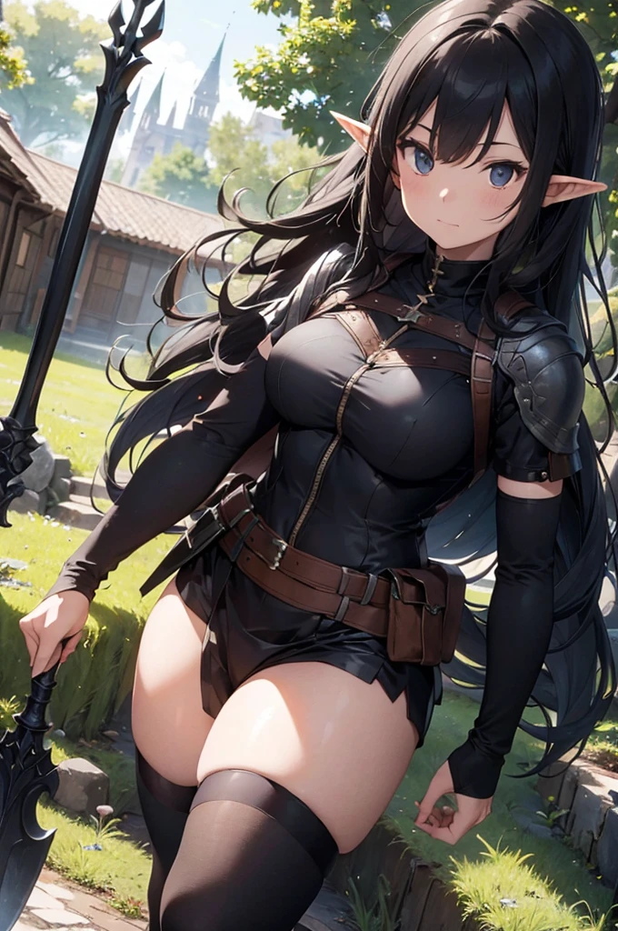 a scene of group of women are posing in wood weapon, BLACK armor, polearm, pointy ears, multiple girl, spear, nature, , elf , BLACK HAIR