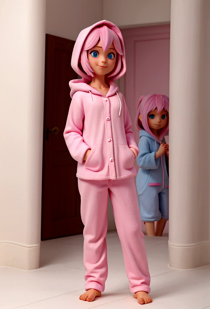 The image features a realistic girl against a dark background. The character has strong light pink hair, blue eyes, he must be wearing entirely pink hooded pajamas, make her hair be over the pajamas, make her have her hands on her hips, the character is a girl. The character's pose is friendly and welcoming, make him smile and be happy, make him realistic
