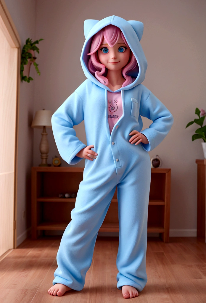 The image features a realistic girl against a dark background. The character has strong light pink hair, blue eyes, he must be wearing entirely pink hooded pajamas, make her hair be over the pajamas, make her have her hands on her hips, the character is a girl. The character's pose is friendly and welcoming, make him smile and be happy, make him realistic