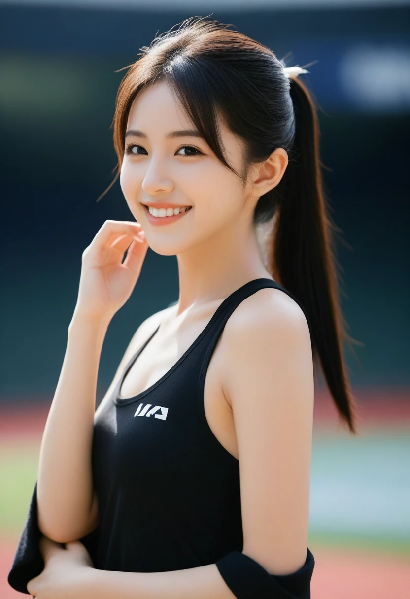 8K, Ultra-high resolution, Highest quality, masterpiece, 三分割法によるphotograph,Surreal, photograph, 1 Girl, (:1.3), pretty girl, Cute face, Beautiful eyes in every detail, 細かくdetailedに,masterpiece,, One Girl:1.2, Japan Female Announcer,upper body,Outdoor,Athletics Stadium,Sportswear,Refreshing sweat,Full of sex appeal,Sensual,A carefree smile,Heal the heart,Black Hair,ponytail,Looking at the audience、beauty,Long neck、Laugh a little、Please close your mouth and laugh、(((Ideal body type))),A cup small breasts :2,、Portraiture:2、Perfect Anatomy、鮮明なdetailed、detailed、Surreal、Light and shadow,Strong light