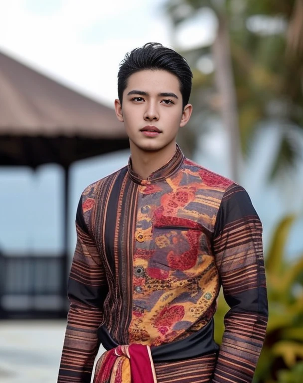 An Araf man stands on the beach with the sunset in the background.., portait photo Profile pictureture, Profile picture, Cleans the wide surface of the face., cute young man, headshot Profile pictureture, handsome man, Handsome and charming, Very charming and beautiful, Close-up of a Southeast Asian man with a round face.., black eyes, staring at the viewer, morning sun, ((face details)), Double eyelids, realistic, Masterpiece, Highest quality, lens flare, shade, [[Chromatic aberration, digital painting, 8K, 45,000,000,000 pixels,, t-shirt, short hair, black eyes,abdominal muscles, The body is beautiful and strong..,, (digital painting, HDR, high contrast