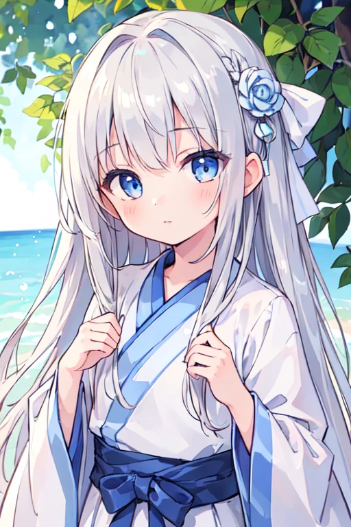 (best quality, masterpiece:1.2), ultra detailed, extremely detailed eyes and face, natural skin texture, detailed skin, natural lighting,
 chibi, 1 girl, 12-years-old, (cute),
 silver hair, middle hair, straight hair, shiny hair,
 blue eyes,
 flat chest,
 hanfu,