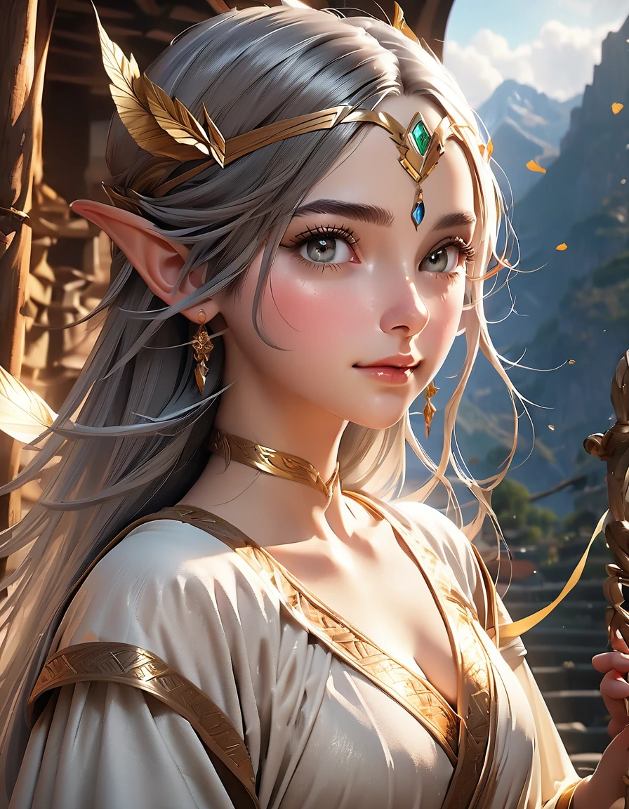 A beautiful and lively half-elf girl, wearing a soft robe, holding a golden bow, (best quality,4k,8k,highres,masterpiece:1.2),ultra-detailed,(realistic,photorealistic,photo-realistic:1.37),extremely detailed eyes and face, beautiful detailed lips, long eyelashes, elegant noble posture, natural lighting, warm color tone, fantasy landscape background, intricate details, cinematic composition, dramatic lighting