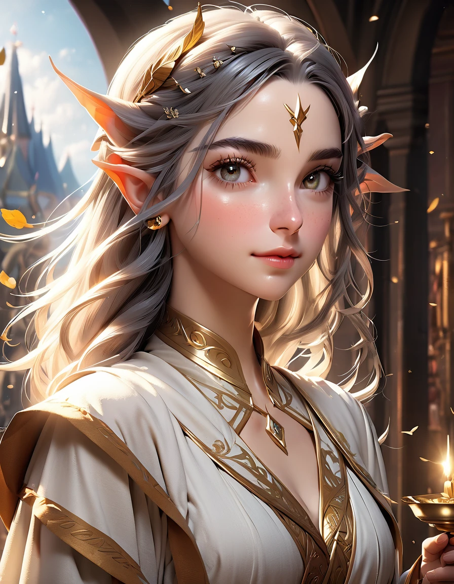 A beautiful and lively half-elf girl, wearing a soft robe, holding a golden bow, (best quality,4k,8k,highres,masterpiece:1.2),ultra-detailed,(realistic,photorealistic,photo-realistic:1.37),extremely detailed eyes and face, beautiful detailed lips, long eyelashes, elegant noble posture, natural lighting, warm color tone, fantasy landscape background, intricate details, cinematic composition, dramatic lighting