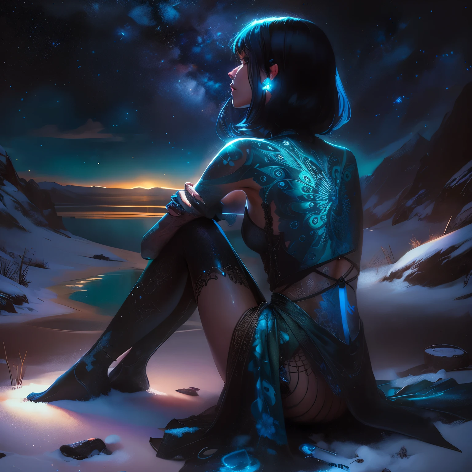 cute back tattooed woman sitting in the snow on a star filled night, blue-green night sky lighting, its dark and shadowy, she feels like she is freezing but does not care, she feels the cold snow sitting legs under her arms crossed, wearing a print top with peacock graphics colors, and a braided knot silk beach skirt, turned away from camera to the left, night sky, sitting in 8 inches of fresh snow, short blue-black hair, closeup cowboy shot, oil painting on slate, sci-fi art style, 36k resolution,
