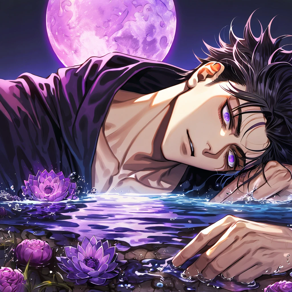 absurdres, highres, ultra detailed, HDR, masterpiece, best quality, Choso, black hair, expressive purple eyes, Jujutsu Kaisen, solo, sexy man, handsome, white and black robes, fantasy, water, purple moon, purple blossoms, purple flowers, fantasy