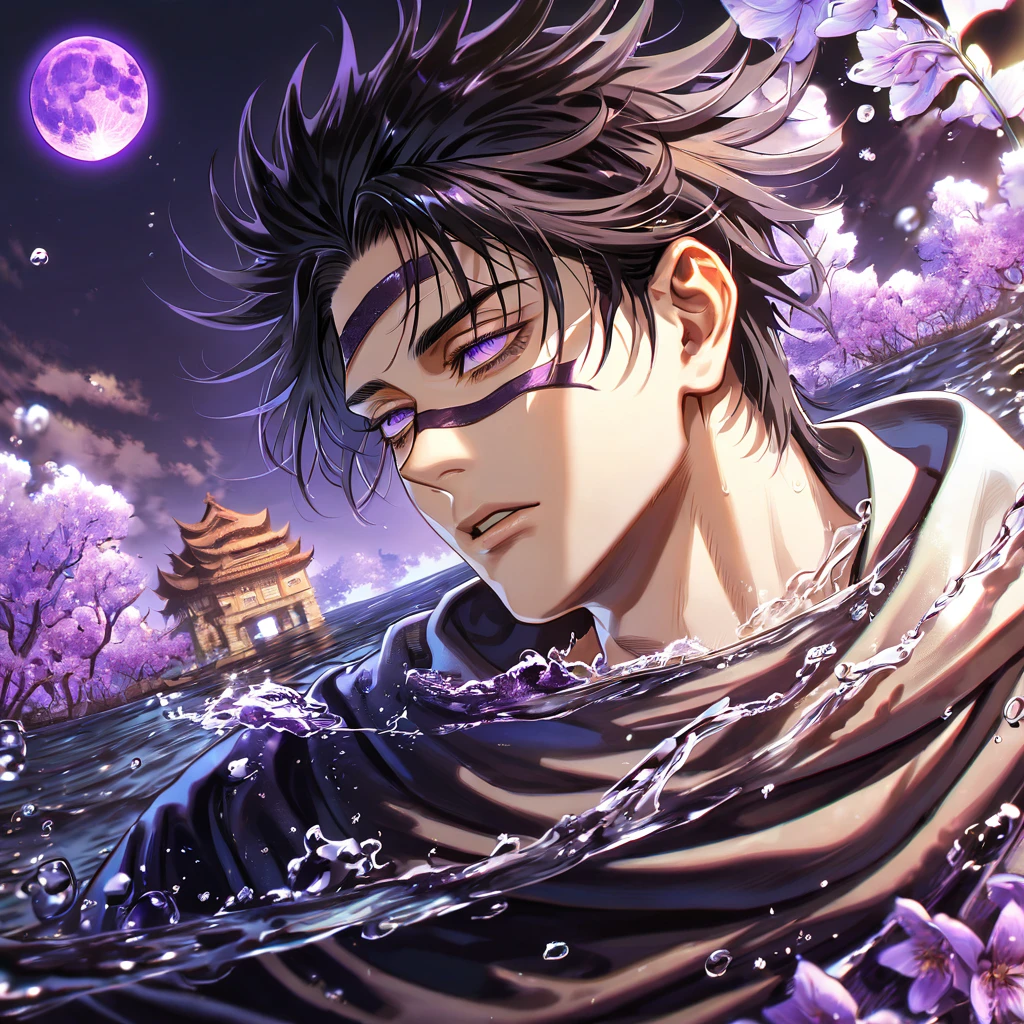 absurdres, highres, ultra detailed, HDR, masterpiece, best quality, Choso, black hair, expressive purple eyes, Jujutsu Kaisen, solo, sexy man, handsome, white and black robes, fantasy, water, purple moon, purple blossoms, purple flowers, fantasy