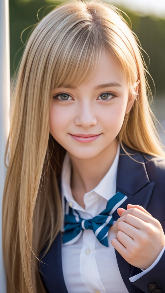 Highest quality,masterpiece:1.3,Ultra-high resolution),(Very detailed,Caustics,8K),(Realistic:1.4,RAW shooting),Wearing a high school uniform、American Girl,smile,18-year-old,Blonde Hair Color、American eyes、Semi-long haircut,Looking into the camera,School playground、Waist up shot,front,Face Focus,Face close-up,(Warm Light),Professional Writing、Stretching exercises