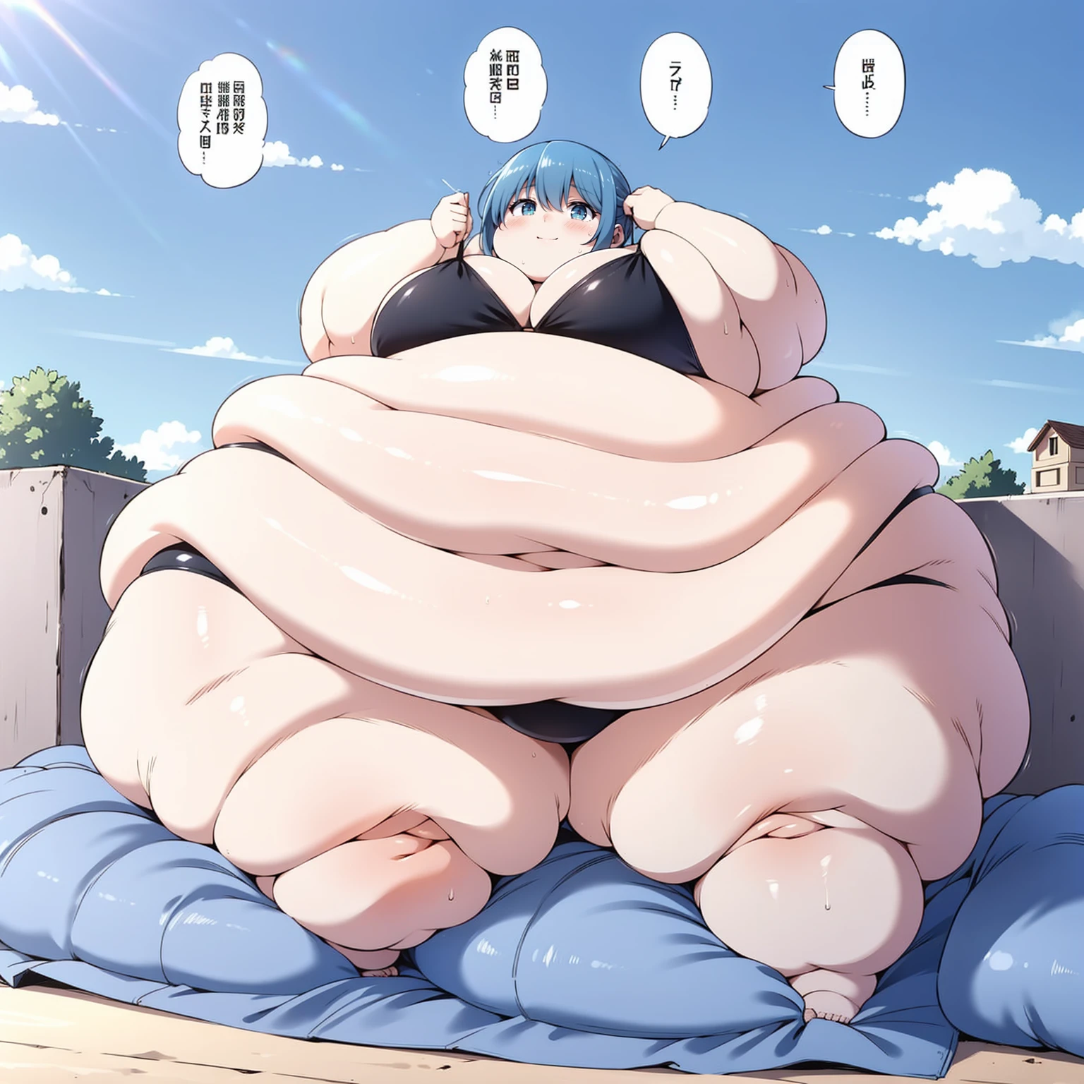 A very obese big girl, ((blob)), short blue hair, black bikini, perfect body, in a bed, very fat limbs, a big fat belly,