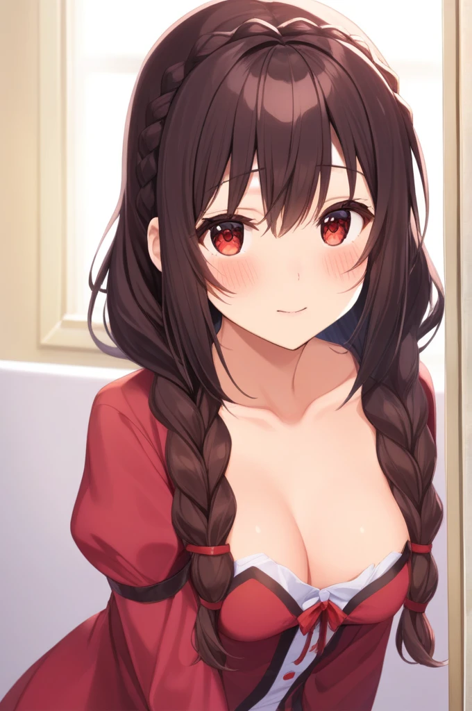 alone, One girl, Very embarrassed face, View your viewers, Crown braids in the same color as your hair, hair ornaments, Hair Ribbon、Black Hair、Red Eyes、(blush:1.8)、bed、(Cowgirl:1.2)、(naked:1.2)、Mouth slightly open、Sigh、Sweat、Wet