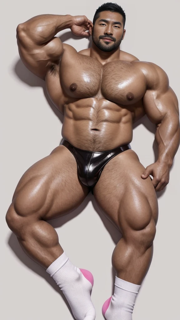 There is only one handsome Asian actor in the photo,35 years old,High target, Fitness,short hair, O-Shaped Beard,Perfect body, Dark skin color,Radiant Skin,Smooth skin,Shiny, shiny skin,Smooth pectoral muscles,No chest hair,No body hair,Muscle bulge, muscular, Very large pectoral muscles,Very abdominal muscles,Very well-developed leg muscles,Huge concave and convex area,Brightens oily skin,Wearing a pink leather shiny thong,Handsome face, Correct and accurate male body proportions, Wear white socks,Lying on gray background。