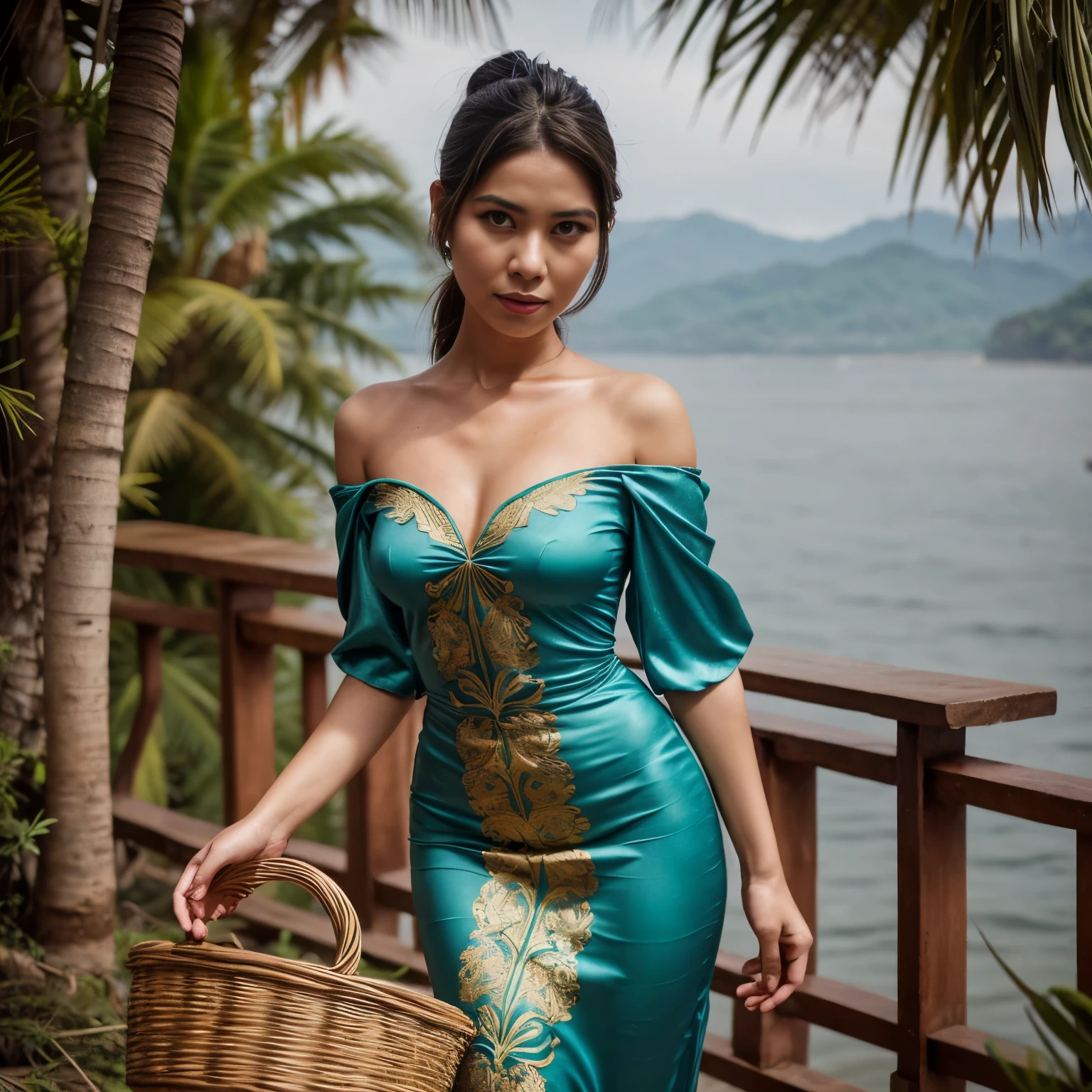 1 woman, Indonesia woman, 23 years old, long black hair, olive skin, smaller head, brown eyes, toned body, medium breasts, skintight lace kebaya, cleavage, tight batik pattern skirt, masterpiece, ultra HD, realistic masterpiece, blurred background, archipelago, dynamic poses, perfect hands, perfect face, perfect details, sharp focus, nude, topless