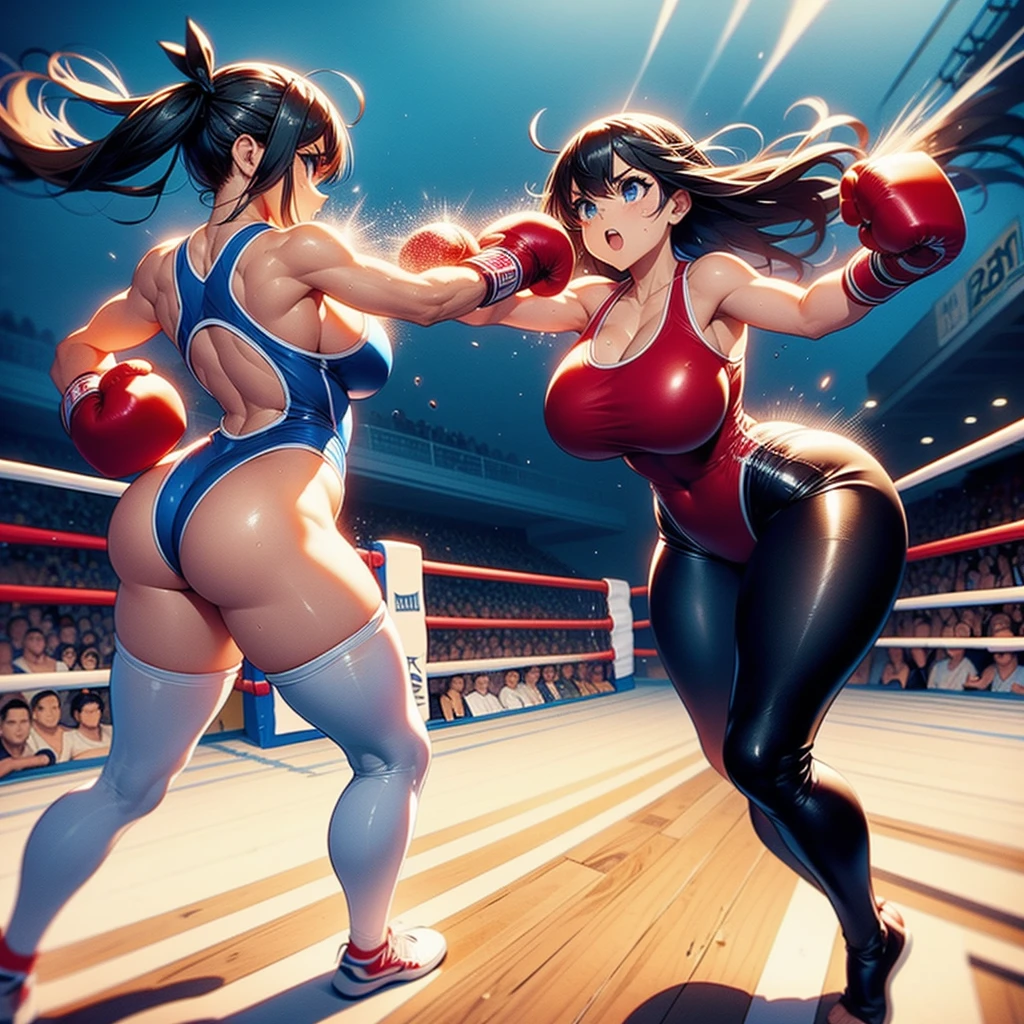 NSFW , on the beach boxing ring , Big and smalls , Fullbody shot , Wear racing swimsuit with pantyhose , Female boxing , huge breasts.