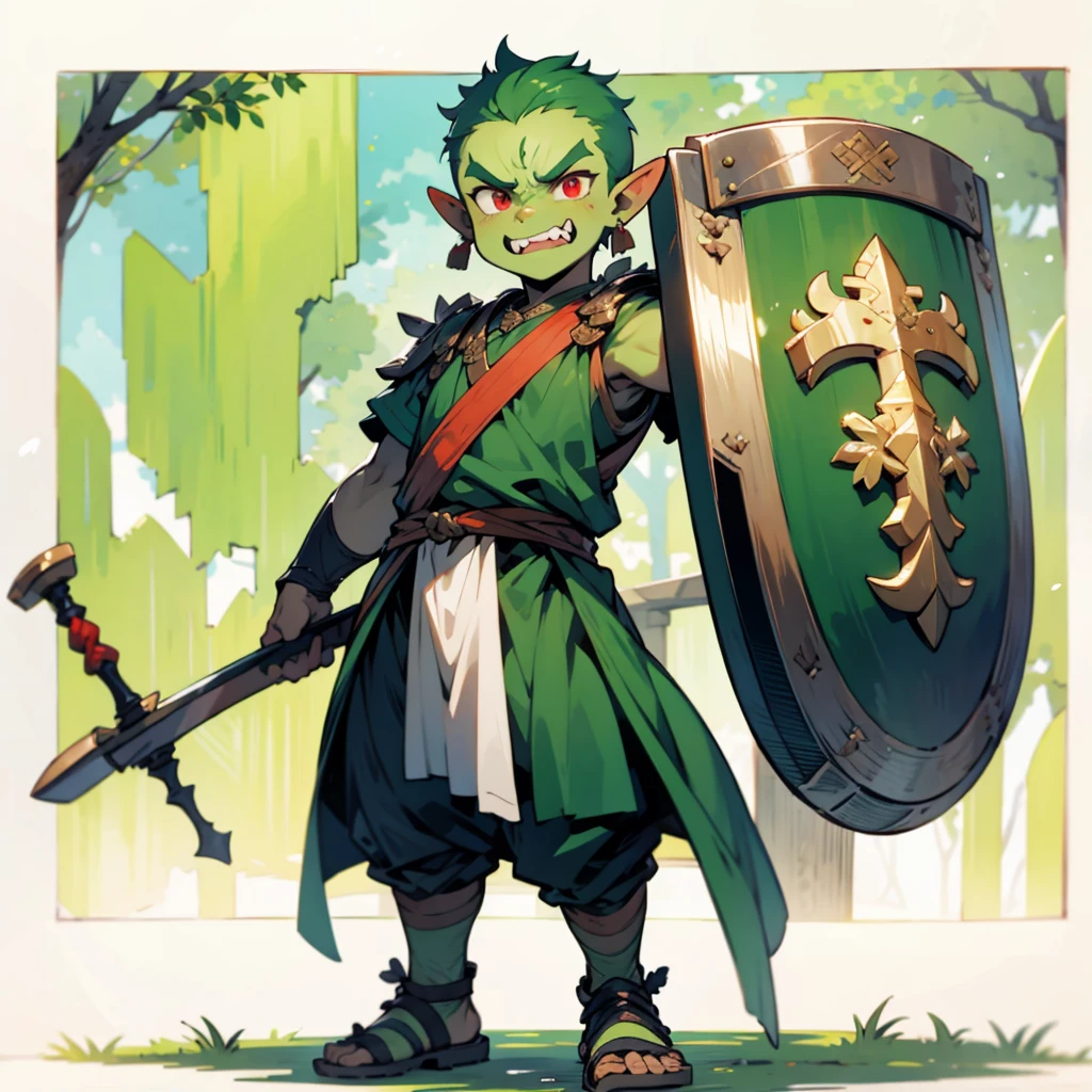 1little boys orc, orc version, Full body version, red eyes, green colour skins, angry eyes, bald hairstyle, angry expression, ancient Greek clothing, ancient Greek sandals, wood sword in hand, small shield wood, wood armor vest, Grassroots background in forest 