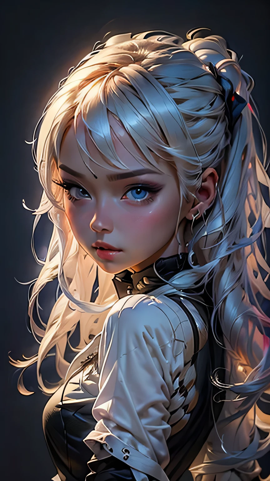 ((masterpiece)), (最high quality), (detailed), (One girl), (Internal Data Stream) Light blue gradient hair, Glowing black eyes, Straight hair, Wearing a modern white shirt and black dress, Covered in data particles, Locked around the neck､masterpiece, 最high quality, high quality, High resolution,