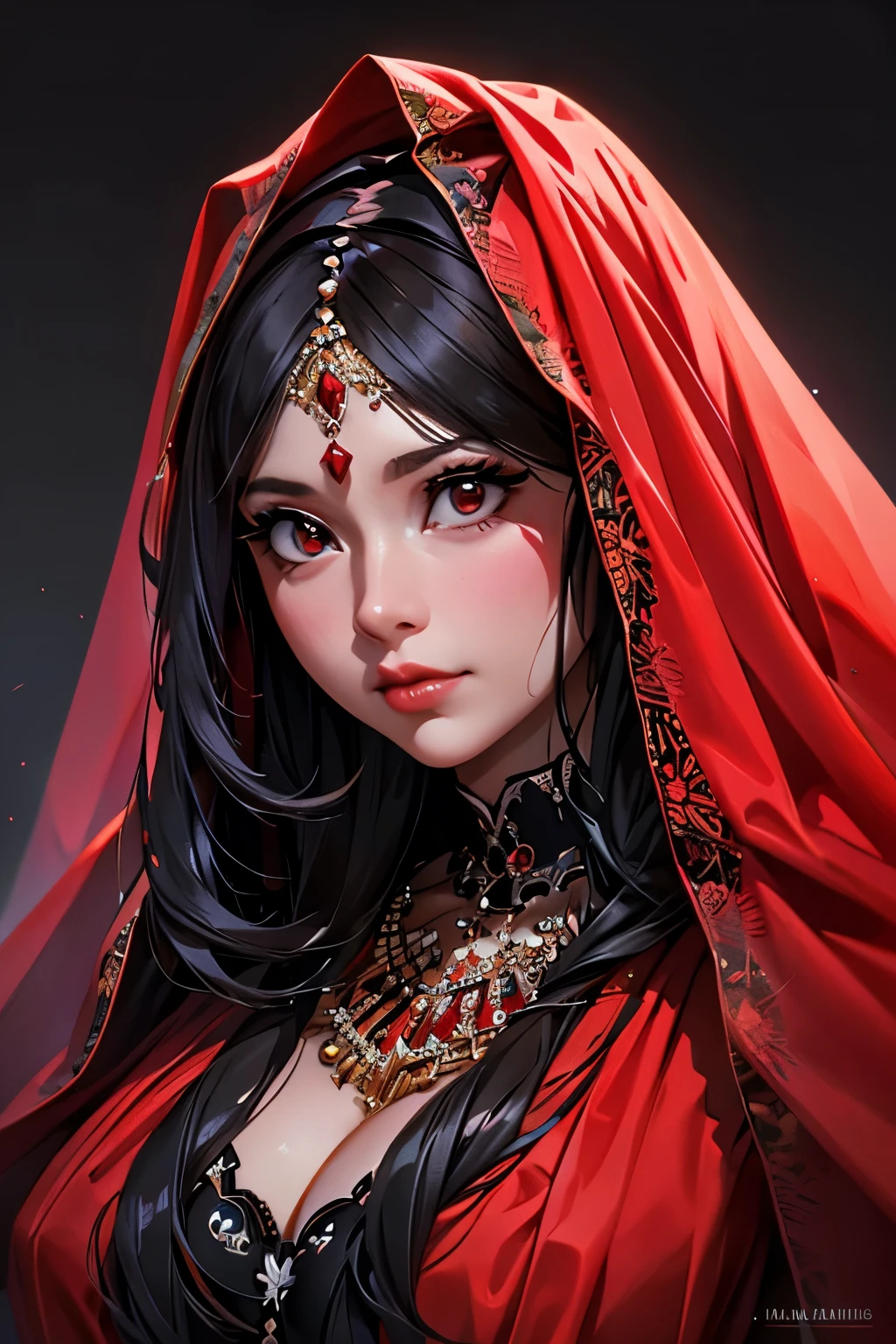 a chubby elegant woman in a red veil covering her eyes, fingers on her lips, long red nails, black background, photo-realistic, high quality, intricate details, oil painting, dramatic lighting, muted colors, mysterious atmosphere