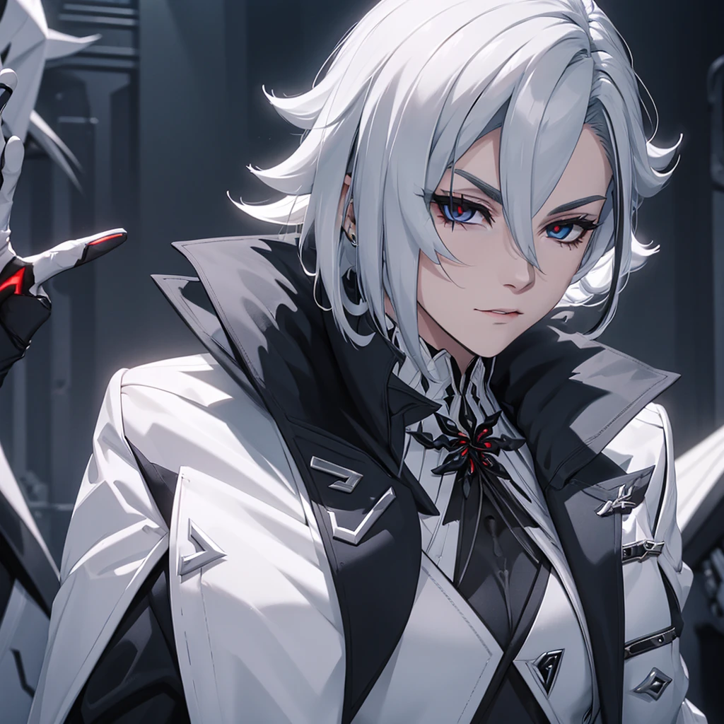 male character. black clothes. White hair. golden eyes. is in a futuristic setting.