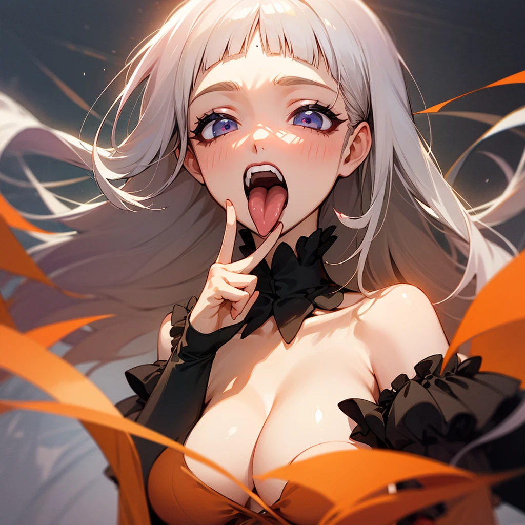  4K resolution、Hime cut、Long Hair、Frills、one piece、Shoulder Bare、Big Breasts、Tongue out、Ahegao、 on face、Double Peace