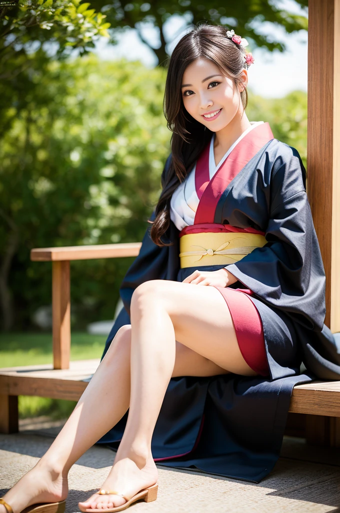 Pure Japanese kimono girl, natural body, beautiful legs, wearing traditional kimono, natural hair styles, sweet smile, sitting relaxed mood, refreshing in early summer, professional portrait photography,