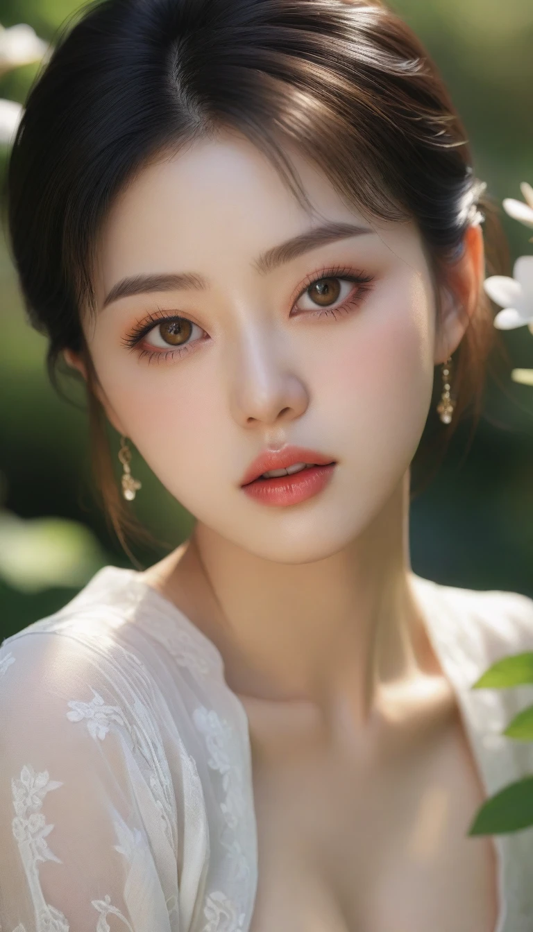 best quality, 4K,8K,realistic, realistic, very detailed, very delicate and beautiful, raw photo, Japanese and Korean beauties,korean beauty,big bust,(beautiful detailed eyes,beautiful and delicate lips,Highly detailed eyes and face,long eyelashes), short hair, , In a picturesque garden filled with sunlight. The quality of the work is top notch, 매우 상세한 기능과 realistic, realistic touch. Colors are vibrant,Lighting creates a warm atmosphere, black skirt, tightly closed lips
