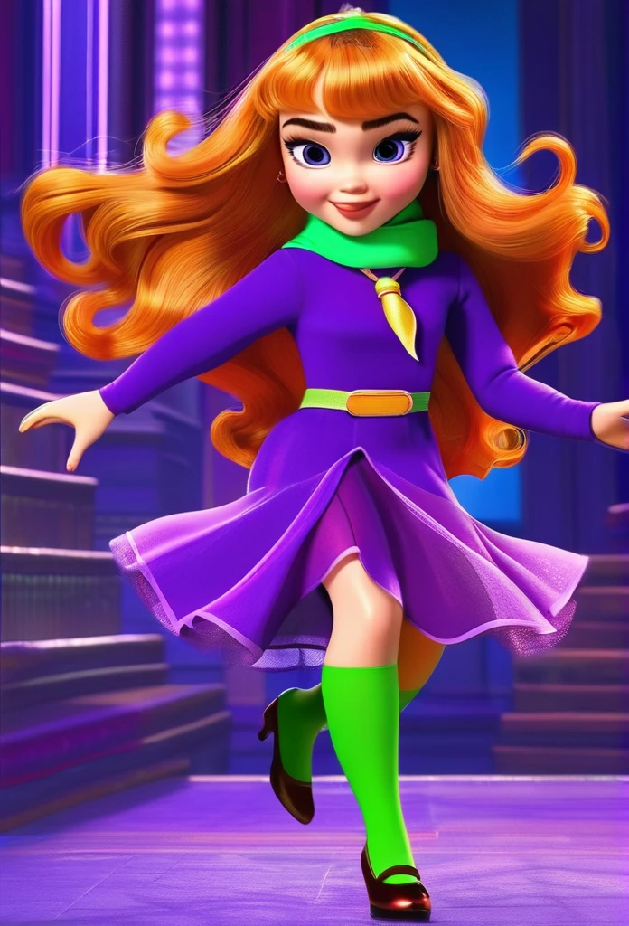 Daphne Blake played by Sabrina Carpenter with orange hair and bangs.
"Daphne is wearing a purple dress with a green scarf tied around her neck. The dress is a solid purple color with long sleeves and a slightly flared skirt that falls above her knees. She has a matching purple headband in her hair, which is styled in loose waves falling over her shoulders. Her shoes are purple flats that match her dress perfectly. Additionally, she has a pair of light purple stockings that complement her overall look." She is an adult woman not a kid