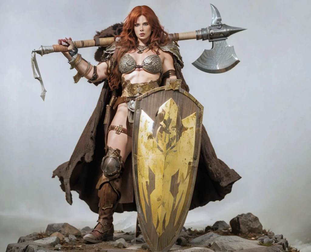 highly realistic image of Red Sonja. She must be holding an ax resting on her shoulder in one hand and a shield in the other hand.. Make sure the armor details, weapons and facial expression are accurate and realistic. Lighting should be dramatic and highlight the details of the scene. Finish the image with post-production to adjust colors and composition, ensuring an impressive final result that is faithful to the character.