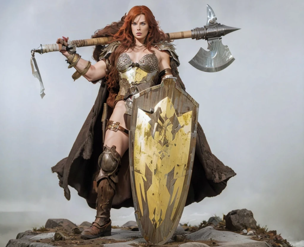 highly realistic image of Red Sonja. She must be holding an ax resting on her shoulder in one hand and a shield in the other hand.. Make sure the armor details, weapons and facial expression are accurate and realistic. Lighting should be dramatic and highlight the details of the scene. Finish the image with post-production to adjust colors and composition, ensuring an impressive final result that is faithful to the character.