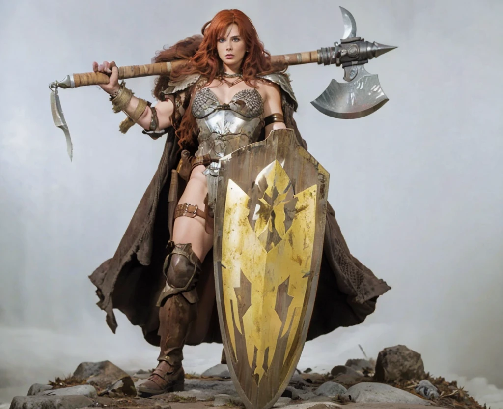 highly realistic image of Red Sonja. She must be holding an ax resting on her shoulder in one hand and a shield in the other hand.. Make sure the armor details, weapons and facial expression are accurate and realistic. Lighting should be dramatic and highlight the details of the scene. Finish the image with post-production to adjust colors and composition, ensuring an impressive final result that is faithful to the character.