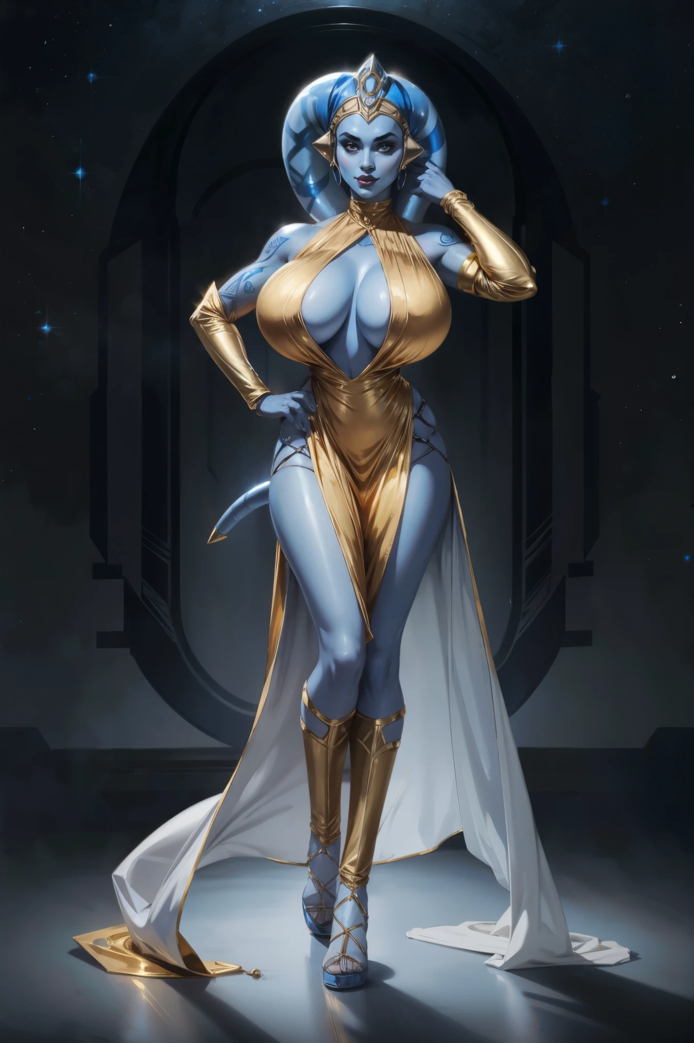 Tall Blue Skin Twi'lek with (huge ) wearing a tight short gold cocktaiess, short dress, high neck, sleeveless, (keyhole cleavage),  large natural breasts, cleavage, gs, tonedips, small waist, full-body shot