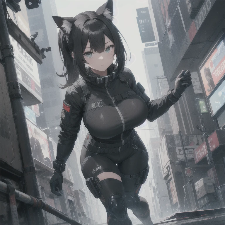 Absurd resolution, high resolution, (masterpiece: 1.4), hyper-detail, full body shot, full frontal camera perspective, solo, 1 kemono feline cat woman, humanoid, no skin other than neck and head shown, black hair, messy ponytail, cute face, detailed soft grey luminous eyes, huge massive hyper super swollen heavy breasts, breasts so big that cover her whole torso and are bigger than her head while being so big they reach her belly button, extremely super large swollen perky heavy bust, super huge enormously gigantic tits, gigantic bursting out of her top, inflated breasts, breasts_expansion, super gigantic swollen heavy tits, wide full hips, narrower torso and shoulders, smaller torso, narrower waist, full thicc big soft thighs, thicc thighs, big rounded full soft butt, thicc butt, ruggedized utility styled outfit, fully insulated suit, full body outfit coverage with no skin showing or revealed, airtight/watertight zippers and seals, scifi monochrome black and grey fullbody covering protective padding rugged loose-fitted pilot utility suit with strategically placed protective padding, white zipped utility cropped top for breasts support with a black strap horizontal across cleavage worn on top of suit, tactical strategic angular-patterned protective padding on hips and thighs and abdomen, practical/functional clothing, weather-proof durable clothing material, nylon clothing material, custom made clothing to fit and support large breasts, scifi padded rugged rigid high collar techwear jacket, armored high collar, white and black triangular decals and techwear iconography on apparel and clothing, techwear gloves, arm mounted strapped display scifi tablet/communication device/computer, ruggedized tech, ruggedized tech aesthetic, fitted utility pants, utility chaps, near future scifi, cyberpunk aesthetic, anime aesthetic, tactical aesthetic