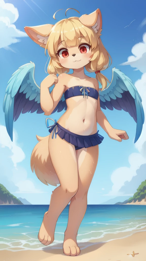 score_9,score_8_up,score_7_up, source_cartoon, source_furry, Furry girl, dog, wavy bangs, large long wavy ponytail, blonde hair, stars hairpin, red eyes, small breasts, detailed body fur, ((dark blue strapless fringed bandeau bikini, pussy, botomless)), multicolored feathered wings, masterpiece, looking at you, two tone body fur, turquoise body fur, clear turquoise body fur, detailed face, big eyebrows, detailed eyes, detailed body, detailed hands, glistering body, shiny body, skinny, :3, floppy dog ears, beach, clear sky, full body, feets with three toes, 3 toes, v sign, sit on beach chair, low angle, spread legs,