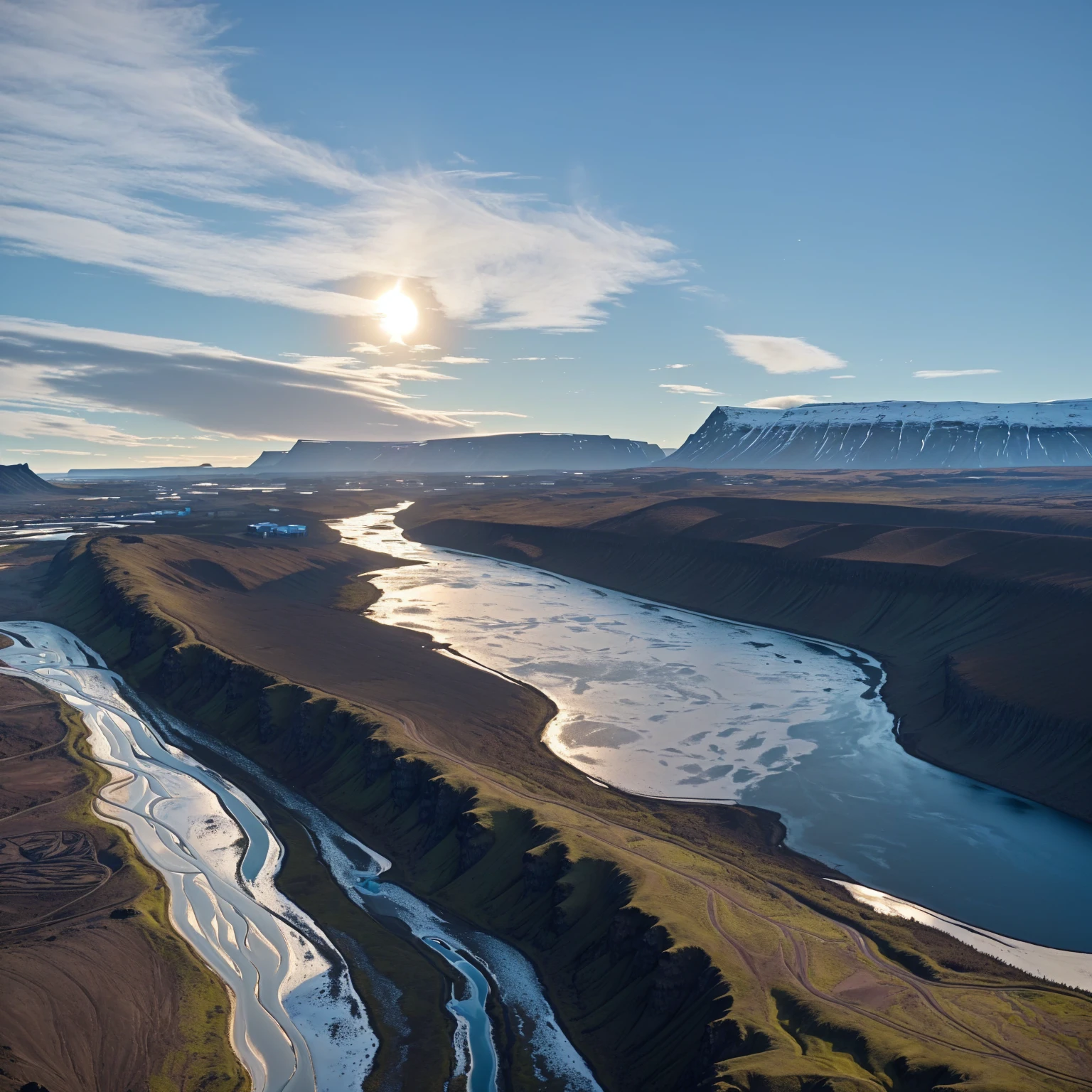 A river flowing through a valley from the Arav viewpoint，A mountain in the background, Iceland photography, Shot with iPhone 14 Pro, Shot with iPhone 1 3 Pro, Shot with iPhone 1 3 Pro, Shot with iPhone 1 3 Pro max, Icelandic valley, solar eclipse in Iceland, Iceland, drone shot, Iceland hills in the background, Waterfall in the background